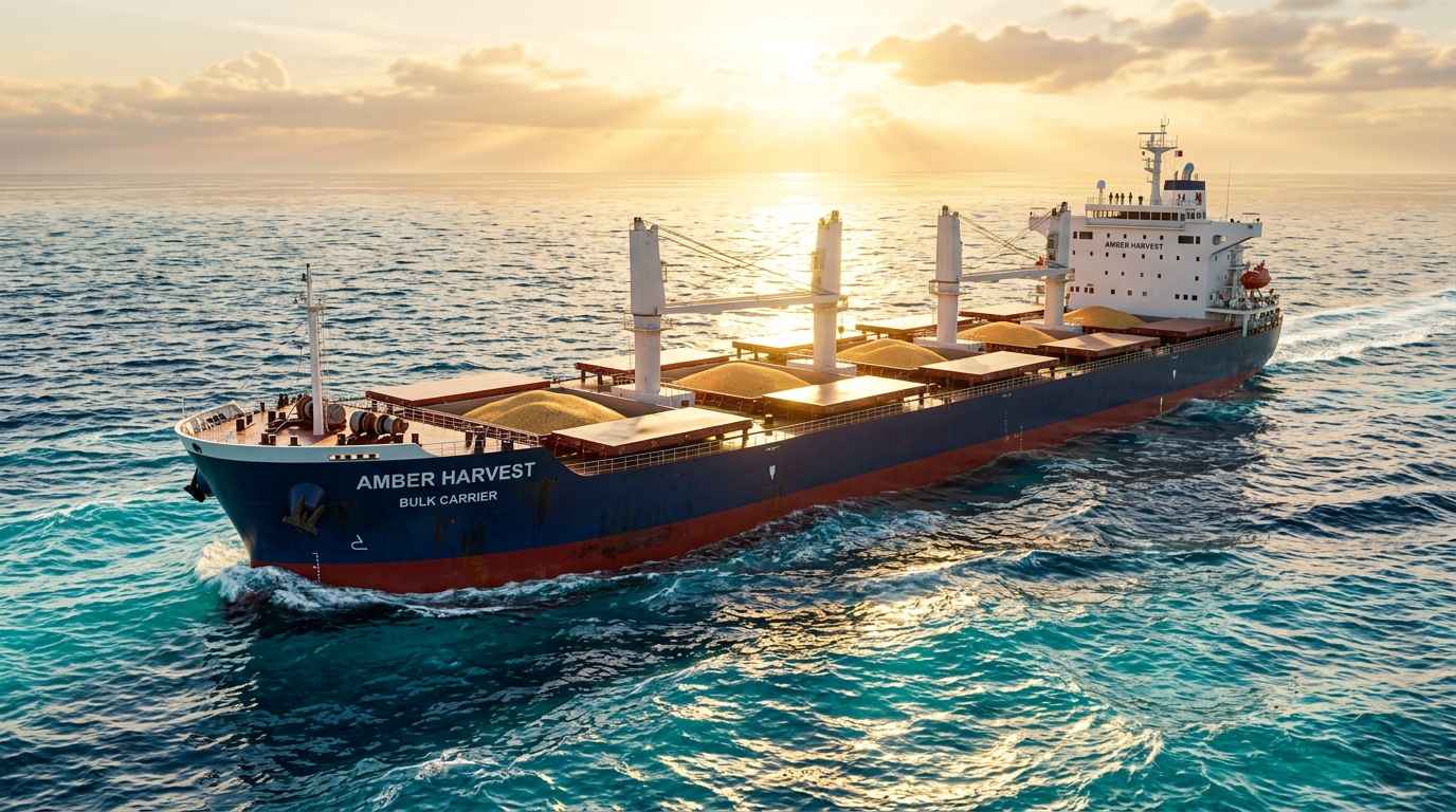 Ultra-realistic 3D bulk carrier cargo ship with volumetric lighting